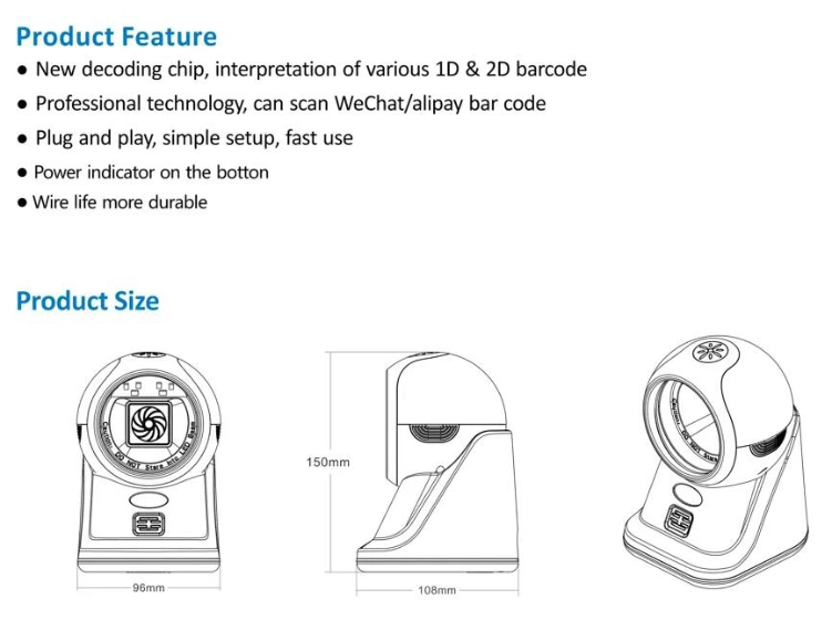 24h Automatic Sensing Desktop 1d 2D Omnidirectional Supermarket Medical Barcode Scanner